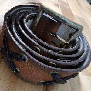 Brown Bonded Leather Belt With Braided Accent